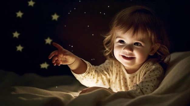 Nettes junges Mädchen im Pyjama, das auf ein kleines Nachtlicht zeigt und dabei im Dunkeln grinst