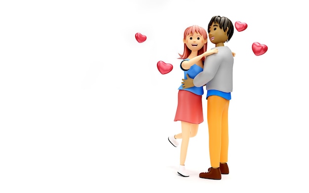 Nettes junges verliebtes Paar, das sich mit Herzform-Ballons 3D-Rendering umarmt