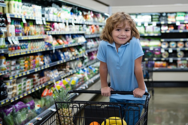 Nettes Kind im Lebensmittelgeschäft oder Supermarkt mit Waren im Einkaufswagen.