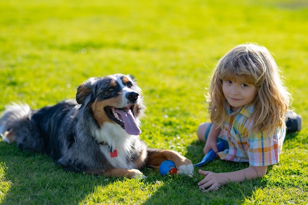 Nettes Kind und Welpe, die draußen spielen Hund und Kind spielen mit Ballaufholspiel Junge spielt auf einer Wiese mit Hund Glückliches Kind, das mit Hund spielt, aktives Spiel auf Rasen