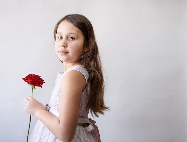 Nettes kleines kaukasisches Mädchen im schönen rosa Kleid mit Rose. Valentinstag.