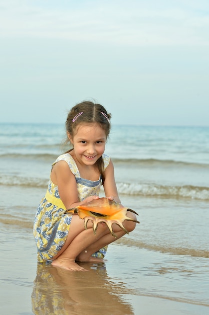 Nettes kleines Mädchen am Strand mit Muschel