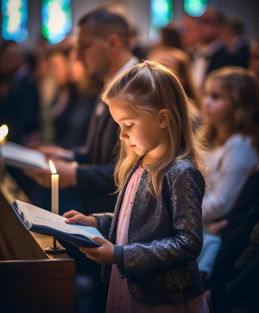 Nettes kleines Mädchen, das das heilige Bibelbuch liest. Anbetung in der Kirche