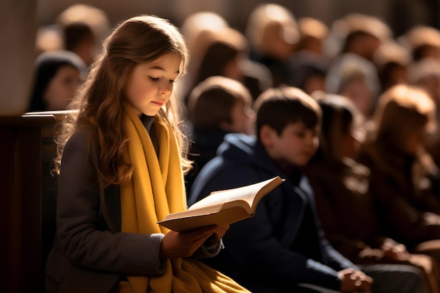 Nettes kleines Mädchen, das das heilige Bibelbuch liest. Anbetung in der Kirche