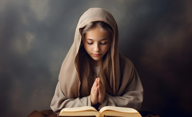 Nettes kleines Mädchen, das das heilige Bibelbuch liest. Anbetung zu Hause