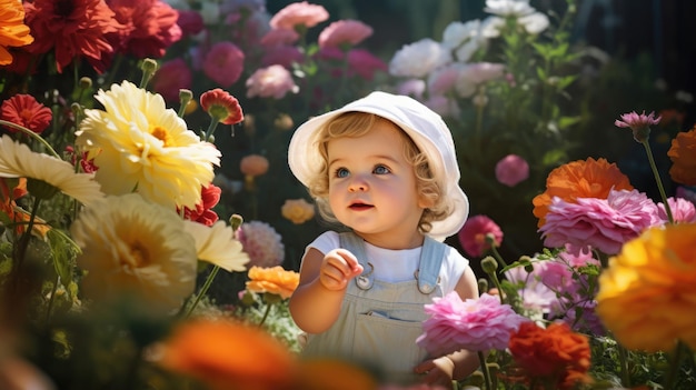 Nettes kleines Mädchen, das im Blumengarten spielt