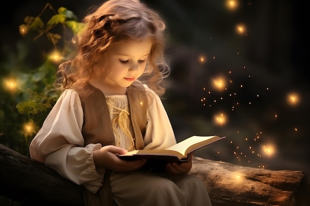 Nettes kleines Mädchen, das im Garten ein heiliges Bibelbuch liest
