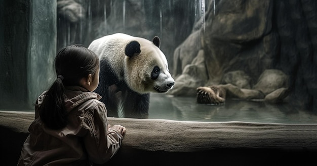 Nettes kleines Mädchen, das Pandabärentiere im Zoo beobachtet. Kinder beobachten Zootiere durch
