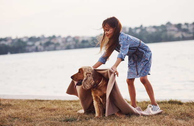 Nettes kleines Mädchen geht am sonnigen Tag mit ihrem Hund im Freien spazieren