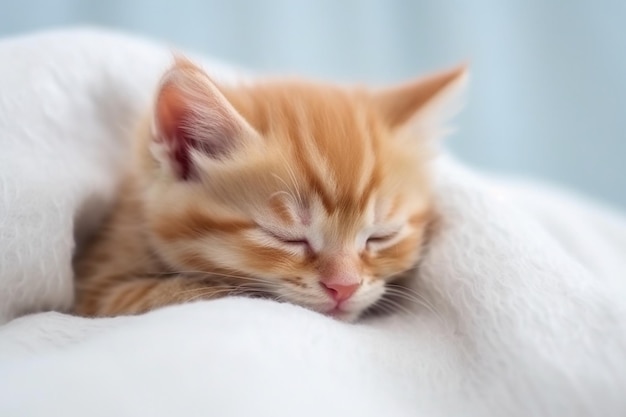 Nettes kleines rotes Kätzchen schläft auf Pelzweißdecke