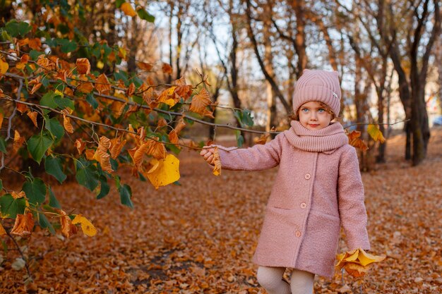 Nettes kleines stilvolles Mädchen im Herbstpark