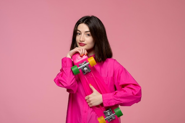 Nettes Mädchen hübsches entzückendes Mädchen im rosa Hemd mit dem Denken des Haltens des Skateboards des roten Lippenstifts