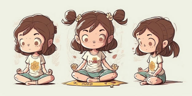 Nettes Mädchen in Lotus-Pose, das Yoga-Seitenpose im Cartoon-Stil praktiziert