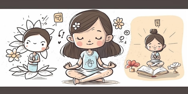 Nettes Mädchen in Lotus-Pose, das Yoga-Seitenpose im Cartoon-Stil praktiziert