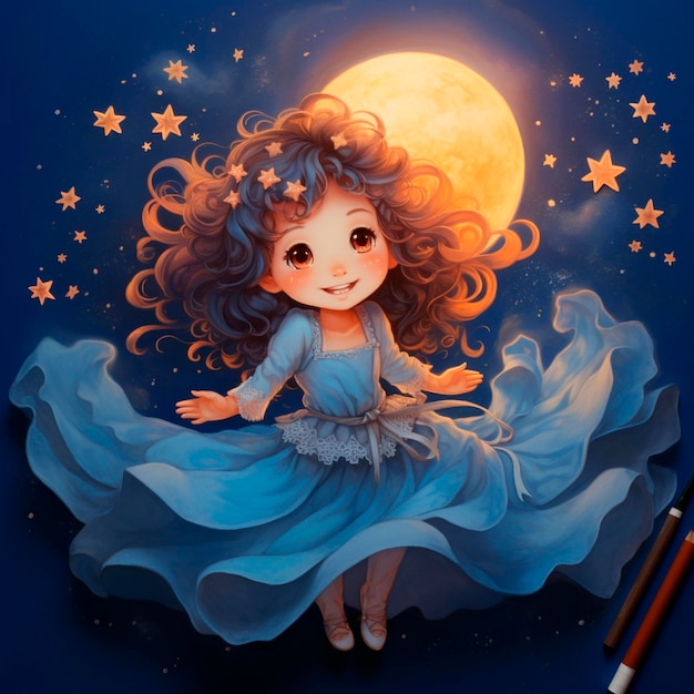 Nettes Mädchenaquarell mit Stern und Mond