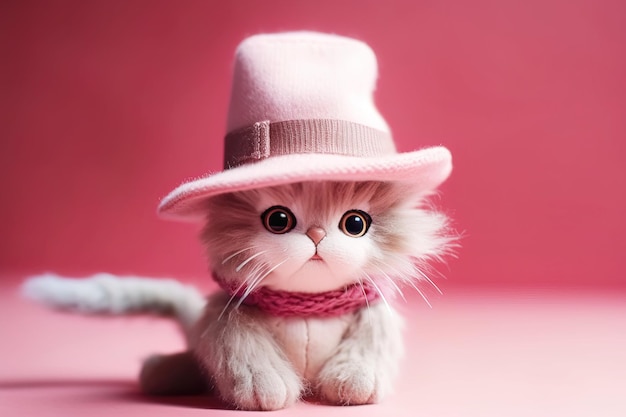 Nettes Plüschkätzchen in einem Hut auf einem rosa Hintergrund Generierte ai