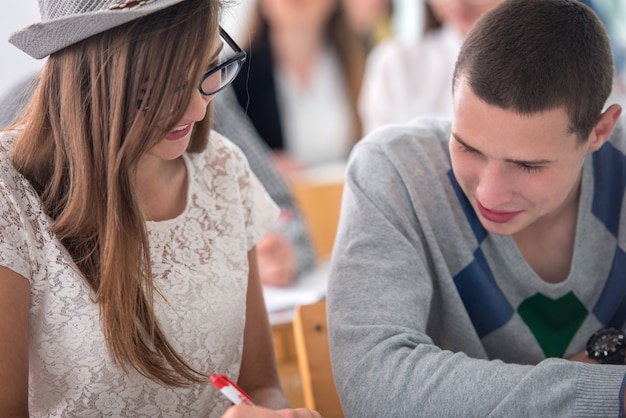 Nettes Schulmädchen, das mit ihrem Klassenkameraden studiert