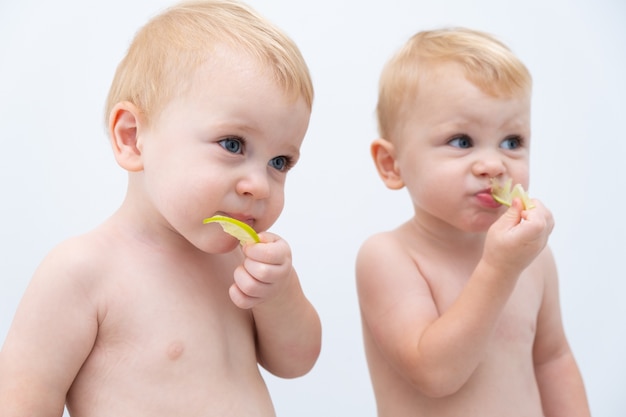 Nettes Zwillingsjungenkleinkindbaby, das Limettenscheiben schmeckt