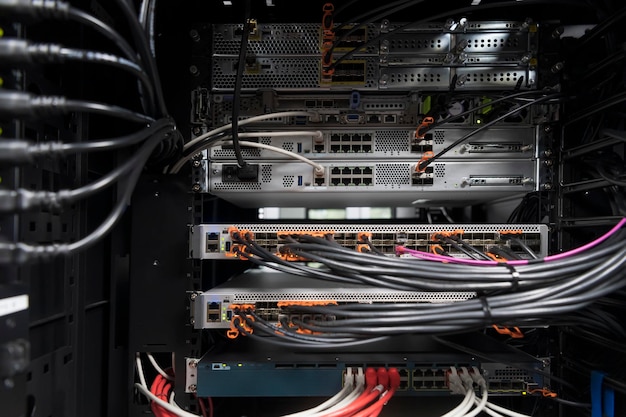 Netzwerk-Serverraum Nahaufnahme auf Glasfaser-Hub oder Switch für digitale Kommunikation und Internet im Supercomputer des Großrechner-Corporate-Business-Rechenzentrums. Foto in hoher Qualität