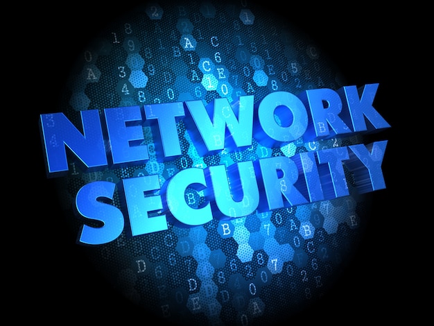Netzwerksicherheit - Text in blauer Farbe auf dunklem digitalem Hintergrund.