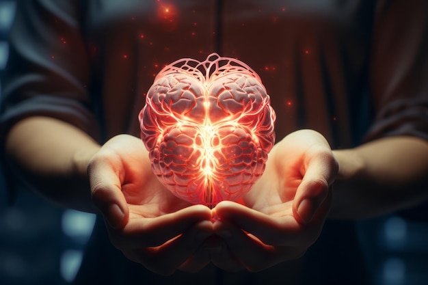 Netzwerktechnologie Hologramm des menschlichen Gehirns in menschlichen Händen im sci-fi-futuristischen Konzept der KI KI als Hilfe einer Person, das Kommunikationssystem mit der ganzen Welt zu modernisieren