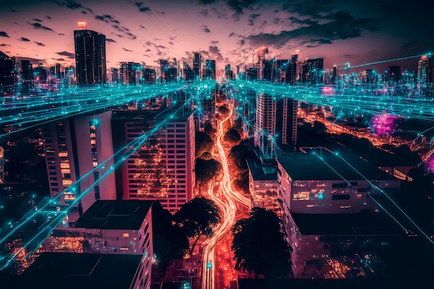 Netzwerkverbindung und Stadtbildkonzept Abstrakter Linienhintergrund der Stadt bei Nacht Generative KI