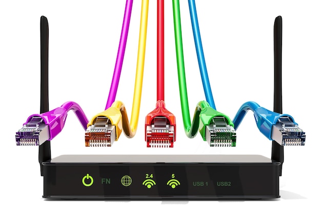 Foto netzwerkverbindungskonzept-router mit farbigen lan-kabeln 3d-rendering