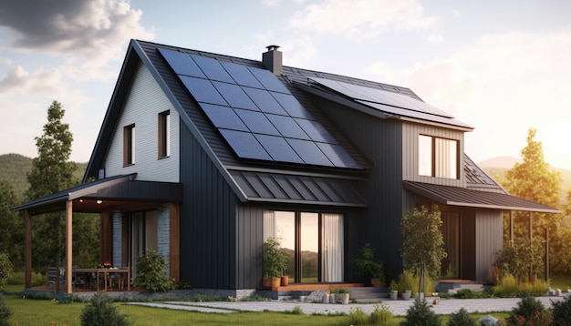 Neu gebaute Häuser mit dunklen Sonnenkollektoren auf dem Dach unter einem hellen Himmel, die eine Nahaufnahme der modernen Struktur Generative AI einfangen