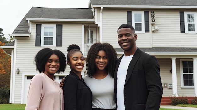 Neu gekauftes Haus mit einer afroamerikanischen Familie, die den Besitz symbolisiert und stolz auf ihre Immobilienleistung ist Generative KI