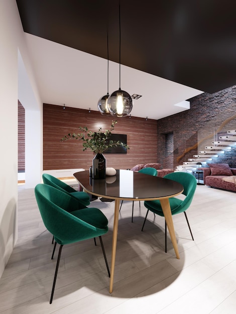 Neu gestaltete Küche mit Esszimmer, Loft-Stil, grüne Stühle, Backsteinmauer. 3D-Rendering.