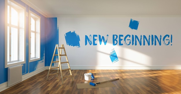 Neuanfang während der Renovierung in einem Raum an die Wand geschrieben, mit Leiter und Farbeimer