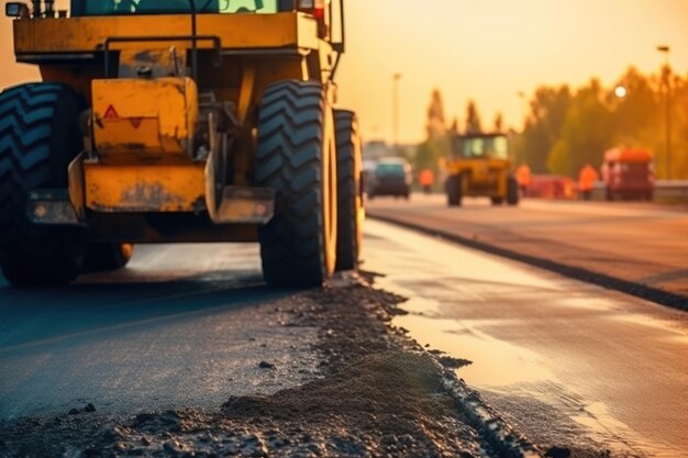 Neue Asphaltstraßenbau-Straßenarbeiter und Baumaschinen auf der Baustelle