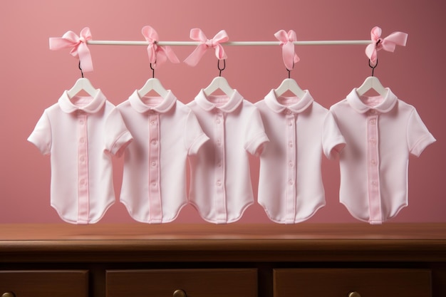 neue Baby-Kostüme auf hellrosa Hintergrund Pastellfarbe Leerer Platz für Text oder Logo auf Kleidung