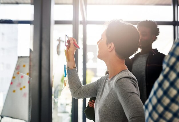 Neue Geschäftsmethoden entwickeln Schnappschuss einer Geschäftsfrau, die ihren Kollegen in einem Büro eine Präsentation gibt