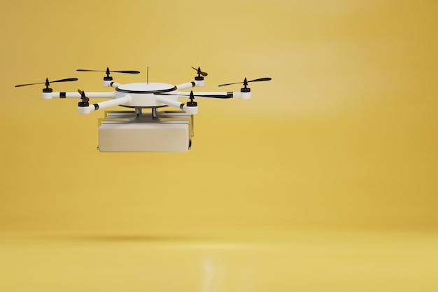 Neue Konzepte der Paketzustellung mit Drohnen Drohne mit Paketfliegen auf gelbem Hintergrund