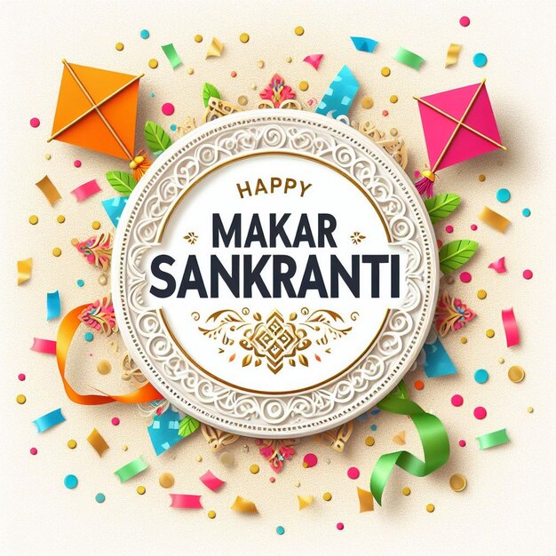 Neue Makar Sankranti-Grußkarte weiße Makar Sankranti-Karten-Design mit bunten Drachen