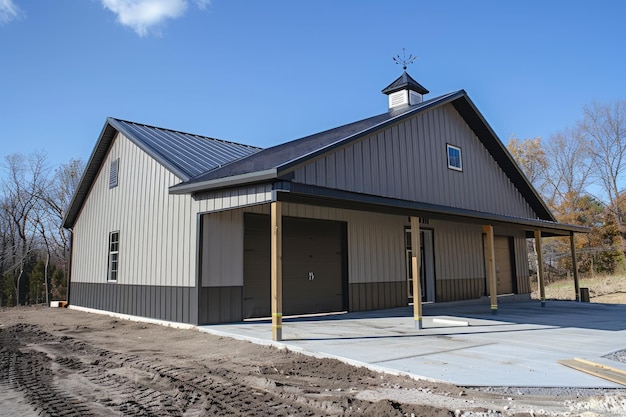 Neue Scheune mit offenem Carport im Herbst