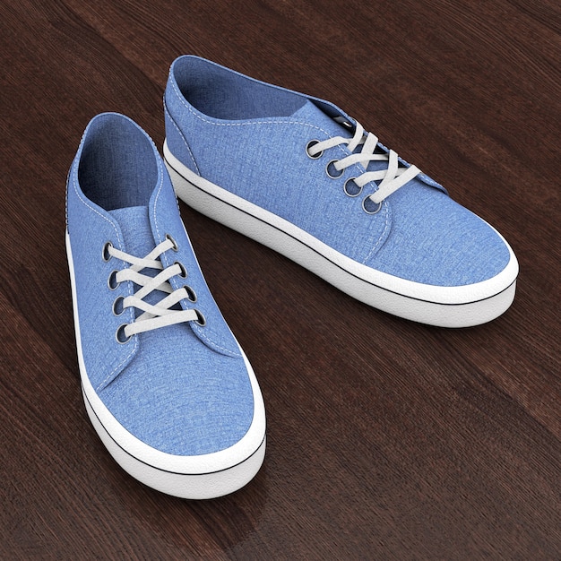 Neue Unbranded Blue Denim Sneakers auf einem Holzboden. 3D-Rendering