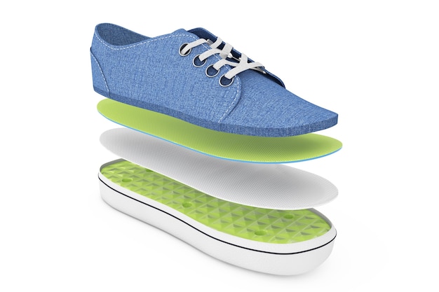 Neue Unbranded Blue Denim Sneakers von Layers auf weißem Hintergrund. 3D-Rendering