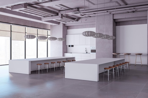 Foto neuer beton-besprechungsraum mit dekorativen pflanzen aus fenster und stadtblick, küche und langem weißen tisch mit stühlen 3d-rendering