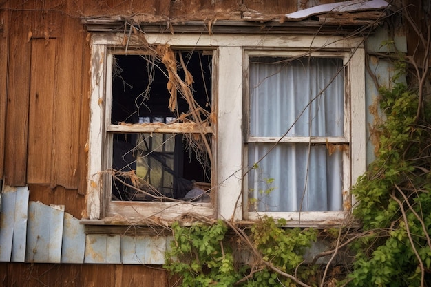 Neuer Fensterrahmen lehnt an einem beschädigten Fenster, erstellt mit generativer KI