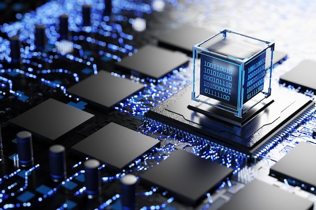 Neuer Mikroprozessor Speicherchips und zentraler Prozessor auf einer elektronischen Platte Abstract Mikroelektronik-Technologie-Konzept Abstract Mikrochip Herkömmliche Technologien 3D-Rendering