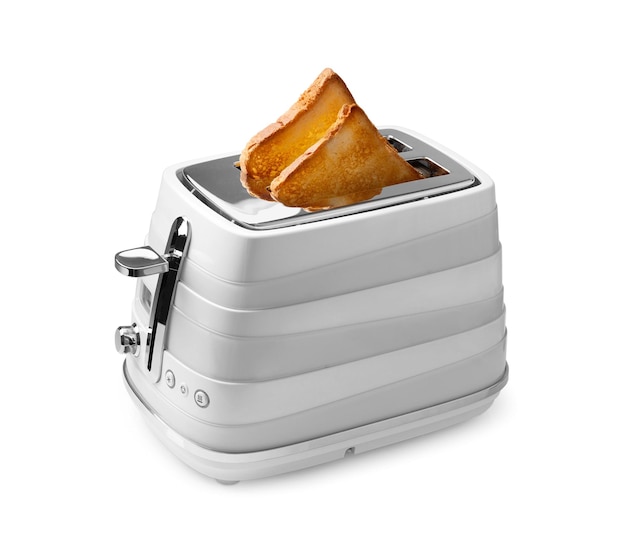 Neuer moderner Vier-Scheiben-Toaster mit geröstetem Brot, isoliert auf weiss