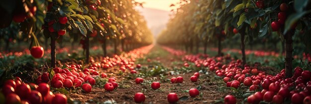 Neuer Obstgarten mit Kirschbäumen, die in Reihen wachsen Hintergrund für Banner HD