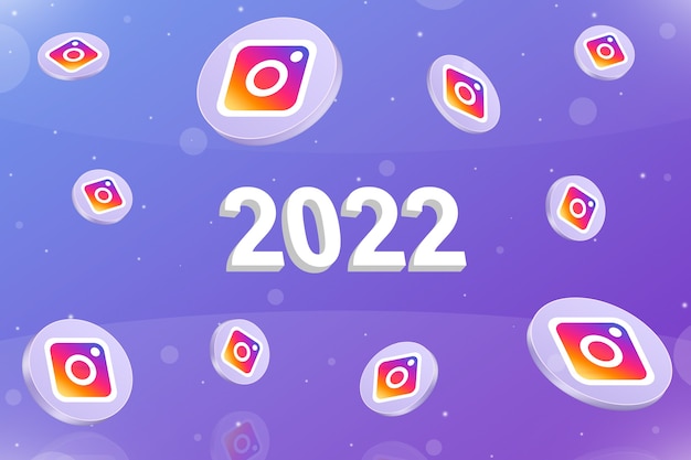 Neues 2022-Jahr mit Instagram-Symbolen für soziale Netzwerke um 3d