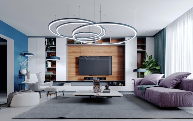 Neues Design eines mehrfarbigen Wohnzimmers im zeitgenössischen Stil. Lila Möbel, weiße und schwarze Schränke und Regale, blaue Wände und Holzdielen. 3D-Rendering.