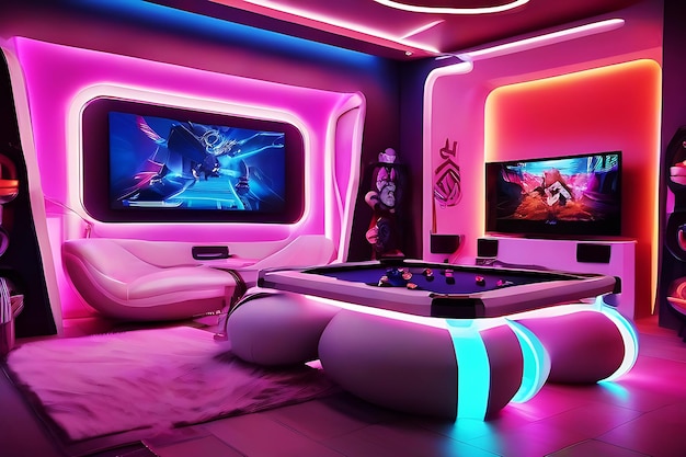 Neues Foto-Spielzimmer mit beleuchtetem Hintergrund, erstellt mit Cartoon-Gamer-Zimmer Ai Generated