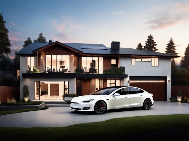 Neues Haus mit rotem Tesla-Auto