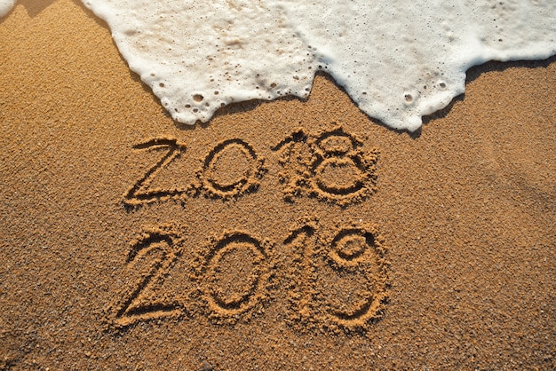 Neues Jahr 2019 kommt Konzept. Guten Rutsch ins Neue Jahr 2019 ersetzen Konzept 2018 auf dem Seestrand