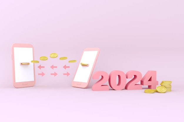 Neues Jahr 2024 3D-Rendering für das Geschäfts-Online-Mobilbanking-Wachstumskonzept